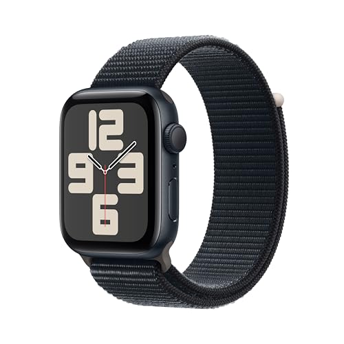 Apple Watch SE (2. Generation, 2023) (GPS, 44 mm) Smartwatch mit Aluminiumgehäuse und Sport Loop Armband in Mitternacht. Fitness- und Schlaftracker, Unfallerkennung, Herzfrequenzmesser, CO₂ neutral