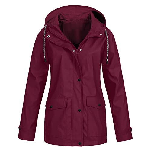 Regenjacke Damen Wasserdicht Atmungsaktiv Regenmantel Outdoorjacke Damen PU Regenmantel Frauen Regenjacke Damen Jacke mit Verstellbarer Kapuze Lang Winddicht Regenanzug Übergangsjacke Sportswear