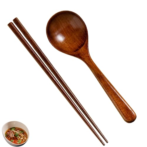 2 Stücke Essstäbchen Und Löffel Set -aus Holz, Asiatischer Suppenlöffel, Japanische Ramen Löffel, Wiederverwendbare Essstäbchen Holz, Servierlöffel, Esslöffel, Holzgeschirr Küche (20cm)