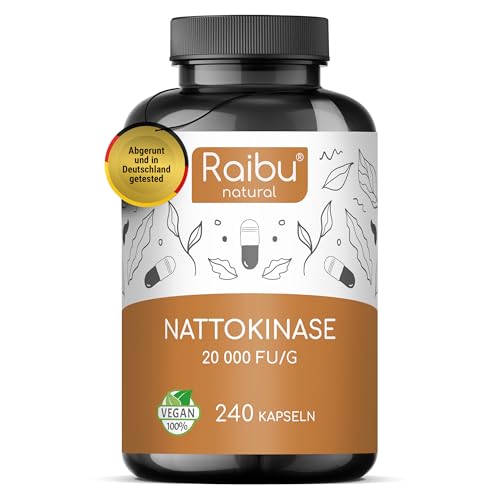 Nattokinase Kapseln hochdosiert 240 Kapseln je 100 mg (20.000 FU/g) - 8 Monatsvorrat - Laborgeprüft und Vegan - Ohne unerwünschte Zusätze - Raibu