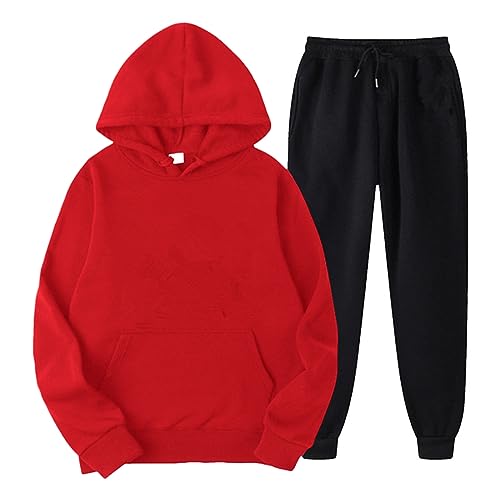 QWUVEDS Männer Frauen Sport Sets Herbst Winter Freizeit einfarbige Kapuzenpullover Hosen mit Quasten Sportanzug Trainingsjacke Herren (24-0214D-Red, M)