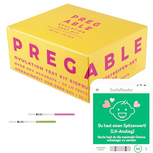 PREGABLE Pregable Combo Kit mit 50 Ovulationstests und 20 Schwangerschaftstests, kostenlose Tracker-App, App, OPKs, HPTs (50LH + 20HCG)