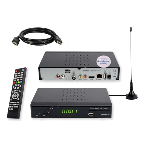 SET-ONE EasyOne 740 HD DVB-T2 Receiver, Freenet TV (Private Sender in HD), Full-HD 1080p, HDMI, USB 2.0, 12V tauglich, 2m HDMI Kabel, DVB-T2 Antenne