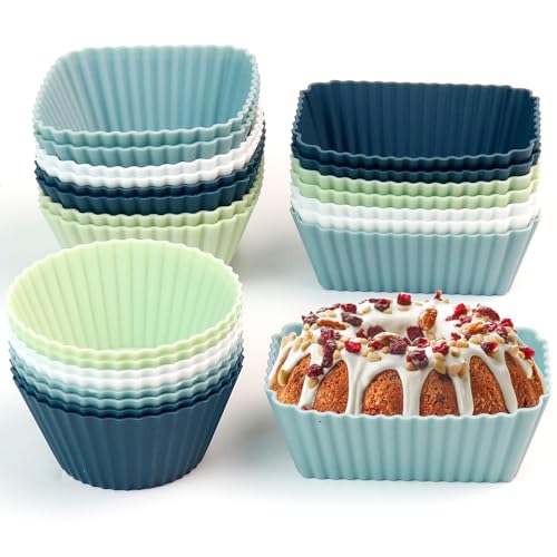 Silikon Muffinförmchen Wiederverwendbare Muffinform Backformen - 24 Stück Cupcake Förmchen Drei Modelle Rechteck,Quadrat,Kreis,BPA-Frei Kuchenform Silikon Formen für Kuchen,Eincreme und Pudding