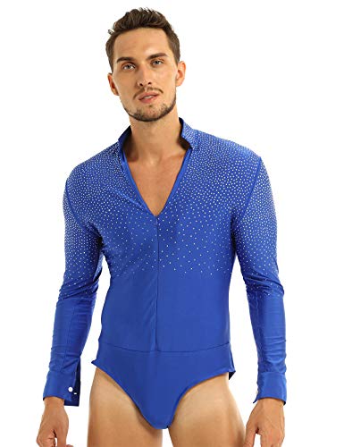 inlzdz Herren Body Langarm Bodysuit Giltzer Tanz-Body mit Strass Latein Standard Hemdbody Leotard Overalls Party Performance Tanzkostüm Royal_Blau L