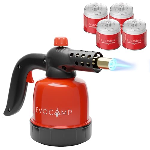 EVOCAMP Gasbrenner Klein 1,3 kW, Flambierer Küchenbrenner, Lötlampe mit Piezozündung, Bunsenbrenner für die Küche, Grillanzünder, Max. Temperatur 1300°C, mit 4 Stück 190g Gaskartuschen