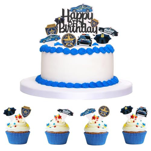 Jostift 25 Stück Polizei Cupcake Topper, Polizei Tortendeko, Happy Birthday Cake Topper, Polizei Geburtstagsparty Deko, Polizei Polizeiauto Kuchendekoration Baby Jungen Kinder Geburtstag Party Dekora