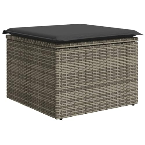 Makastle Gartenhocker, Poly Rattan Fußhocker mit Kissen, Fußauflage, Balkon Sitzhocker, Rattanhocker für Garten Terrasse, Grau 55x55x37 cm