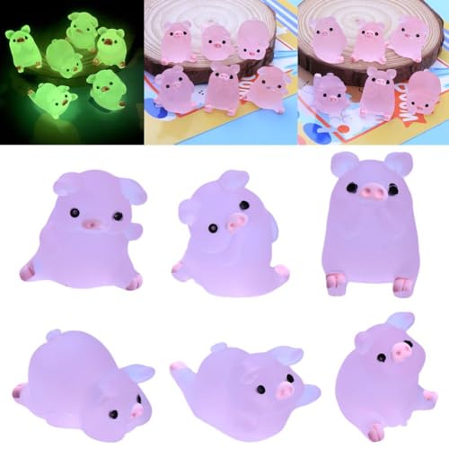 JSNKJLMN 6pcs Luminous Mini Piggy Figures Resin Pig Car Dashboard Figurines Toys Dolls Cartoon Pig Car Ornament Home Garden Decoration Gifts