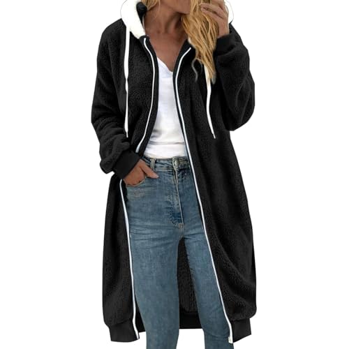 Fleecejacke Damen Lang Große Größen, Dicke Gefüttert Teddyfleece Jacke mit Kapuze Teddyjacke Flauschig Plüschjacke mit Reißverschluss und Taschen Kuscheljacke Frauen Winterjacke Cardigan Outwear