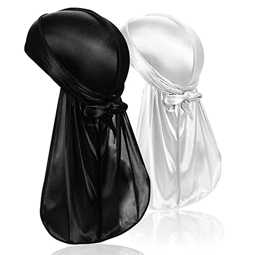 2 Stück Silky Durag für Männer, Premium Satin Do Rags Doo Rags mit langem Schwanz für 360 Waves