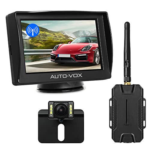 AUTO-VOX M1W Wireless Backup Kamera-Kit,Rückfahrkamera drahtlos, IP68 Wasserdicht LED Super Nummernschild Nachtsicht Rückseite Funk Back Up Auto-Kamera,10,9cm LCD TFT kabellos Rückfahrkamera Monitor