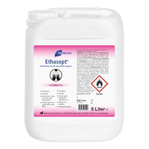 Meditrade Ethasept Desinfektionsmittel 5 Liter für Hand Hände, Flächen und Haut Hygiene, Schnelldesinfektion, Ethanol 73,5%, Empfohlen vom RKI