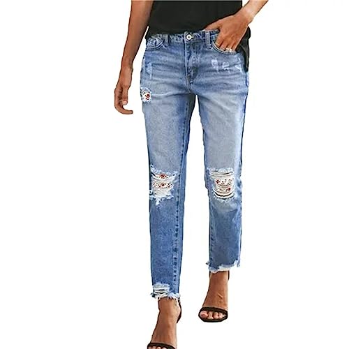 Skang Leichte Sommerhose Damen-Jeans mit geradem Bein und verwaschenem Boyfriend-Jeans im Distressed-Saum Jeanshosen Damen Stretch Mit Applikationen