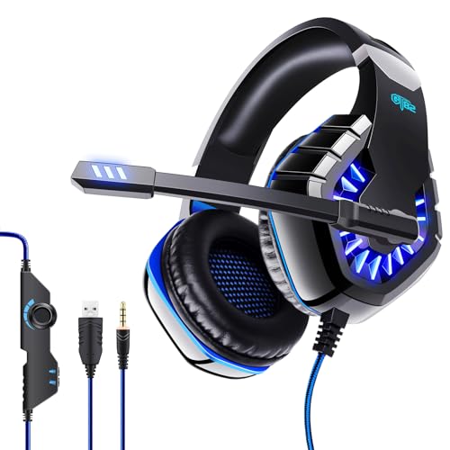 Cunsieun Gaming-Headset für PS4, PS5 PC, Xbox One, iPod, PS4-Kopfhörer mit 2 m Kabel und Mikrofon, Stereo-Surround-Kopfhörer mit Bass-Surround-Sound, geräuschunterdrückende Gamer-Kopfhörer (Blau)