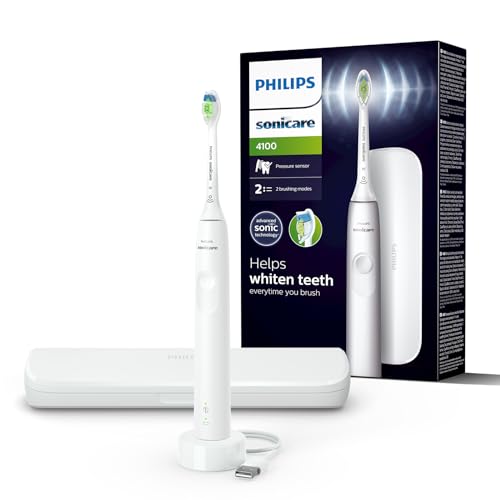 Philips Sonicare 4100 – elektrische Philips Sonicare Zahnbürste für Erwachsene mit 1 x Philips W2 Optimal White Bürstenkopf in Weiß, schlankem Reiseetui und USB-Ladegerät (Modell HX3683/33)