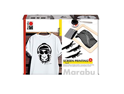 Marabu 1703000000082 - Textil Screen Printing Set, Siebdruckset für helle und dunkle Textilien mit 100 ml Druckfarbe in schwarz, einem Siebrahmen, einem Rakel und einem Malmesser