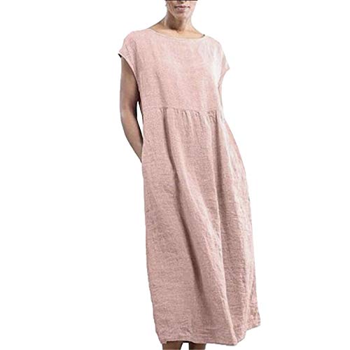 Leinen-Kleid für Damen, Sommer, große Größe, lässig, schickes Kleid, einfarbig, bedruckt, fließend, Tunika, T-Shirt, Arbeit, für Party, Urlaub, Strand, Sommer, schickes und elegantes Abendkleid, Rosa,