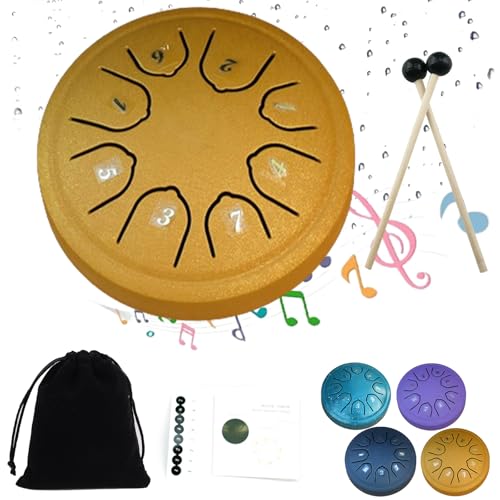 Chakra Drum for Rain, 4.5 inch 8 Notes Ethereal Drum, Steel Tongue Drum Rain Chime, Rain Drum for Outside, Handpan Meditation Drum for Garden with Drum Stick & Note Sticker (gold)