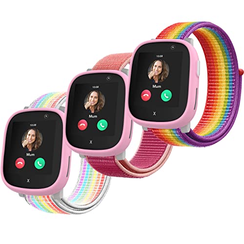 Polyjoy 3 Stück Kinder Nylon Armbänder kompatibel mit Xplora X6 Armband, Kids Smartwatch Klettverschluss Mädchen Jungen Weich Verstellbare Ersatzbänder mit Xplora X6 Play-Regenbogen+Rose+Neon