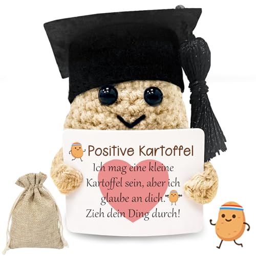 Bachelor Geschenk Positive Kartoffel, Master Abschluss Geschenk Glücksbringer Prüfung, Mutmacher Geschenk, Pocket Hug, Bachelor Deko, Wolle Potato Puppe Positiver mit Energiekarte (Doktorhut)