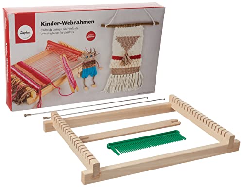 Rayher DIY Holz Kinder Webrahmen Set, Webbreite 16,5cm, Schulwebrahmen für Kinder,Erwachsene, inkl. Webschiffchen, Webkamm mit Zubehör, zum Weben & Gestalten, 7202200, Natur, 18,5x29cm