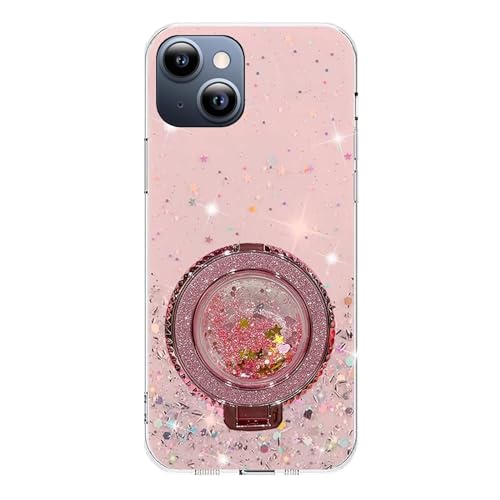 Rnrieyta Miagon Treibsand Ständer Hülle Glitzer für iPhone 15,Cute Dünn Crystal Schutzhülle Weiches Bling Transparent Case Bumper mit Flüssig Halter Kickständer