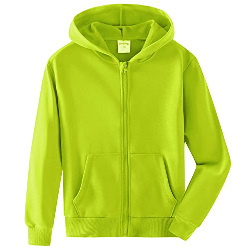 Spring&Gege Jungen Hoodie Sweatjacke Basic Einfarbig Baumwoll Kapuzenjacke für Kinder, Sicherheitsgrün, 11-12 Jahre