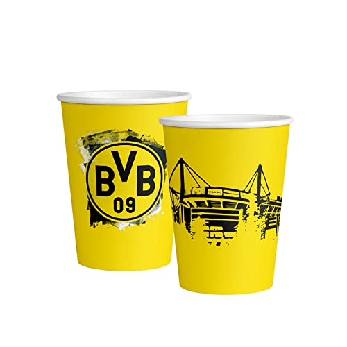 Amscan 9908526-66 - Becher BVB, 8 Stück, Füllvolumen 250 ml, Papier, Borussia Dortmund, Pappbecher, Einweggeschirr, Fußball, Party, Fan, Geburtstag