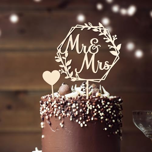 BETESSIN Hochzeitstorte Deko Holz - inkl. "Mr und Mrs" Tortenstecker und 1 Herz Cake Topper zum Beschriften - Personalisierte Kuchendekoration für Hochzeiten, Verlobungen, Hochzeitstage uvm.