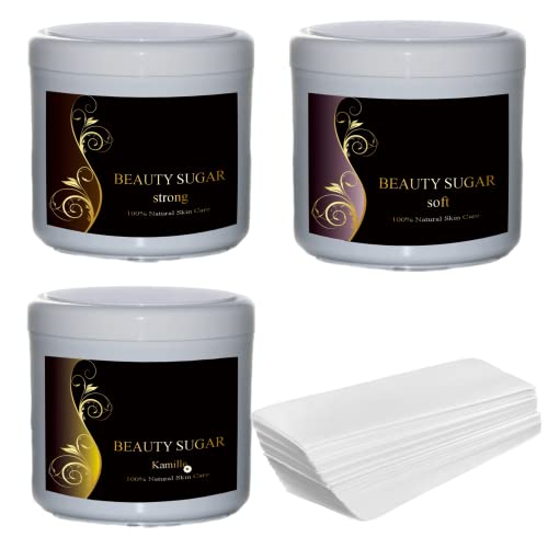 Zuckerpaste Sugaring Beauty Sugar Kennenlern Set + 50 Vliesstreifen GRATIS - zur Haarentfernung - Alle drei Pasten in Größe XXL á 600g - für Intimbereich, Gesicht und Körper