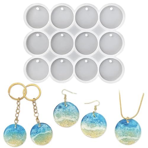 12 Stück Epoxidharz Silikon Formen, Schmuck und Schlüsselanhänger-DIY Anhänger Formen Set – runde Form mit Löchern, geeignet für Harzguss, Ohrringe, Schlüsselanhänger und Tiermarken-Formen-Sets