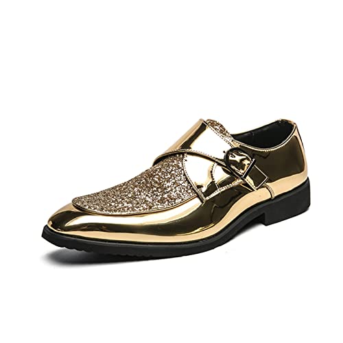 comfortlying Schuhe Kleid Oxford for Männer Slip auf Mönch Strap Schürze Zehen Glänzende Schuhe Pu. Lederschlüsselbeständige Gummi-Sohle-Block-Ferse-Arbeit (Color : Gold, Size : 45 EU)