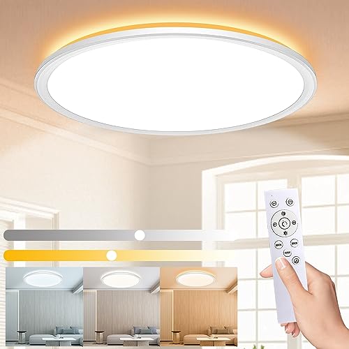 Wholede 24W 3000-6500K Led Deckenleuchte Flach, Deckenlampe Rund Dimmbar mit Infrarot-Fernbedienung, Ultra Dünn Lampe für Küche Wohnzimmer Flur Schlafzimmer Badezimmer, Ø29.5cm Weiß