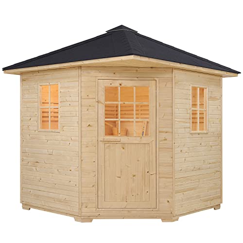 Artsauna Gartensauna Eldur mit 8 kW Ofen, Beleuchtung & Zubehör - Saunahaus aus Fichtenholz - Außensauna für 4 Personen - Outdoor Sauna 200x200x256 cm