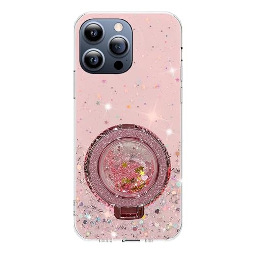 Rnrieyta Miagon Treibsand Ständer Hülle Glitzer für iPhone 14 Pro,Cute Dünn Crystal Schutzhülle Weiches Bling Transparent Case Bumper mit Flüssig Halter Kickständer