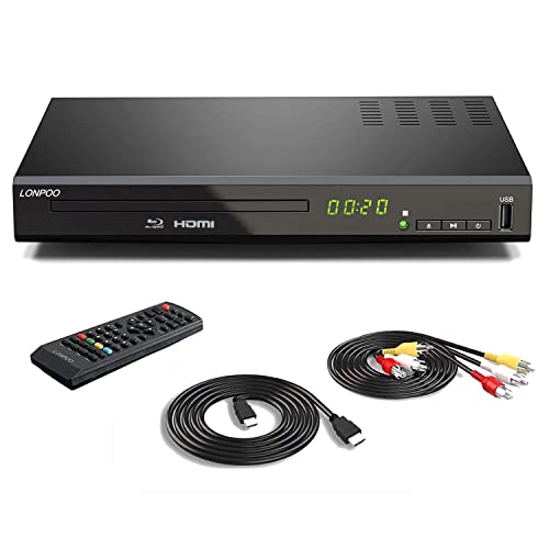 1080P HD Blu-ray Player für TV, Kompakter Bluray Player/DVD-Player mit HDMI/Koaxial/AV-Porta, Unterstützt USB-Eingang, Blu-ray Region B/2, 1-6 DVD Regions