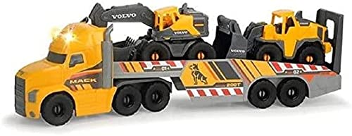 Dickie Toys Volvo Heavy Mack Truck, großer LKW mit 2 Volvo Fahrzeugen auf Anhänger, Bagger & Radlader, Anhänger zum Abkoppeln, Licht & Sound, inkl. Batterien, 70 cm groß, gelb, 203729012