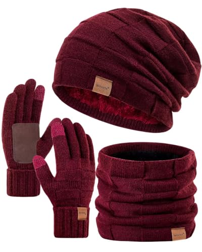 Winuesa Mütze, Schal & Handschuh-Sets für Damen Herren, Slouchy Beanie Mütze Herren Winter Strickmütze Touchscreen Handschuhe Schal Halswärmer Schlauchschal set(Burgund)