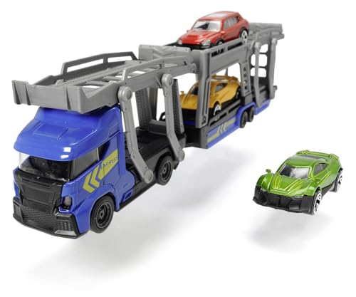 Dickie Toys 203745008 Car Carrier, Autotransporter für 3 Autos, inkl. 3 Spielzeugautos, 2 verschiedene Ausführungen, Länge 28 cm, für Kinder ab 3 Jahren