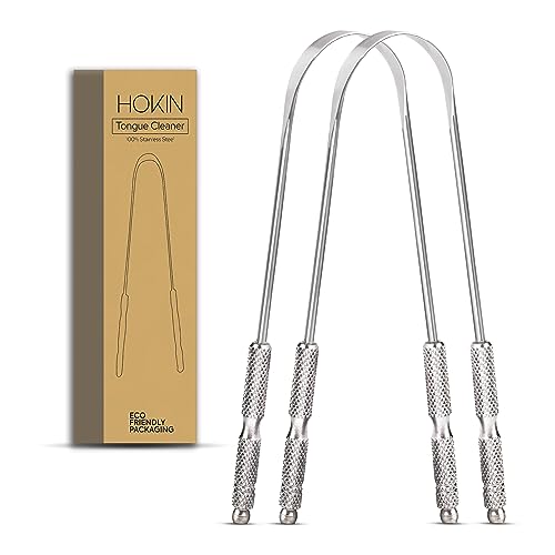 HOKIN Zungenschaber für Erwachsene Zungenreiniger Edelstahl Mundgeruch Bekämpfen 100% Metall Tongue Scraper Cleaner Männer und Frauen Zungenbürste Mundhygiene Produkt (2Pcs Mundpflege Pack)