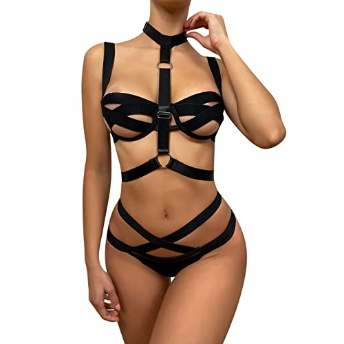 HAQUOS Damen Sexy Leder Dessous Set - Set BH mit Kreuzträgern Sexy Lingerie Hohle Reizwäsche Erotisch Satin Pyjama Elegant reizvoll Dessous Sets Sex Love Unterwäsche