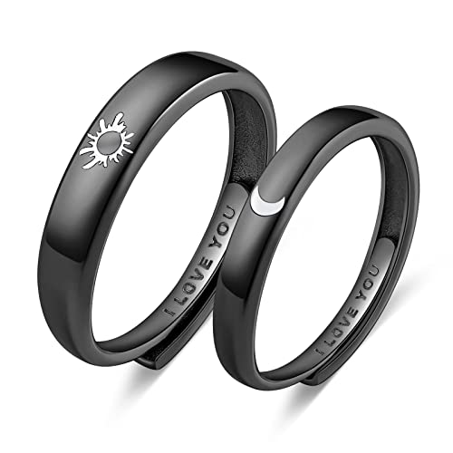 Beydodo Verlobungsring Paar mit Gravur I Love You, Ringe Silber 925 Damen Herren Sonne Mond Schwarz Trauring Partnerringe für 2