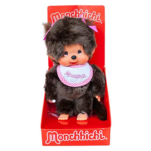 Sekiguchi 255550 - Original Monchhichi Mädchen, Plüschtier mit weiß-pinkem Lätzchen und Zöpfen mit Schleifen, ca. 20 cm großes Kuscheltier aus braunem Plüsch