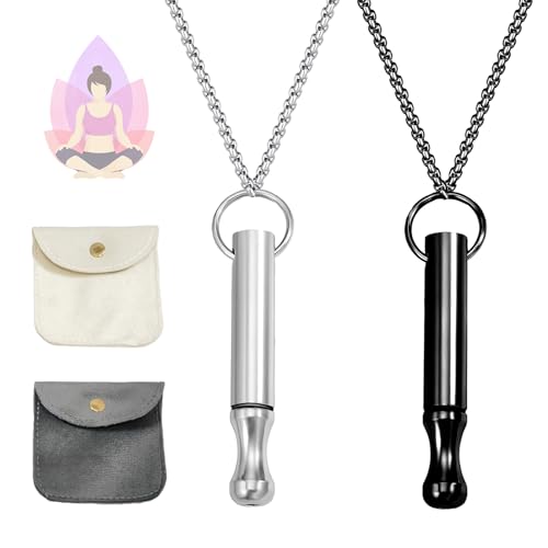 Hpbaggy 2 Stück Edelstahl Achtsames Atmen Halsketten,Atemkette Rauchentwöhnung Hilfsmittel,mit 2 Schmuckbeutel,für Herren Damen Meditation Entspannung (Schwarz Silber)