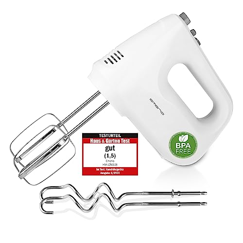 EMERIO elektrischer Handmixer Handrührer Mixer Handrührgerät mit 250 Watt 6 Geschwindigkeiten & Turbotaste extra lange Schneebesen + Knethaken aus Edelstahl (geschirrspülgeeignet) BPA-frei HM-124178