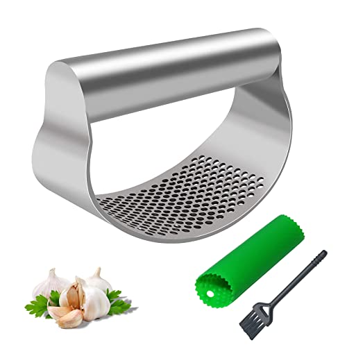 Knoblauchpresse Wippe Edelstahl Knoblauchwippe,Knoblauch Wiege,Knoblauchschneider,Stainless Steel Garlic Press Rocker Mincer Crusher Kochgerät Knoblauchmühle Küchenhilfe,Mit Silikon Knoblauchschäler