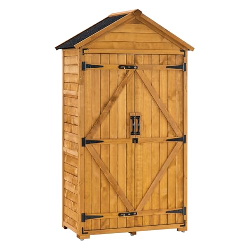 M MCombo Gartenschrank Geräteschuppen Werkzeugschrank Outdoor-Schrank Gartenbox mit Satteldach aus Holz wasserfest Grau/Natur 1000D, 48 X 90 X 178 cm (Natur)