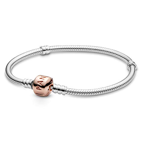 PANDORA Moments Schlangen-Gliederarmband mit Zylinderverschluss aus Sterling-Silber und 14 Karat rosévergoldeterr Metalllegierung, kompatibel mit Charms und Anhängern aus der Moments Kollektion 18cm