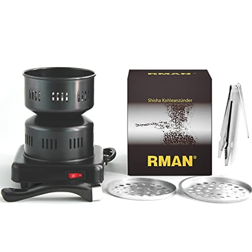 RMAN® Shisha Kohleanzünder für Shisha, Kohle-Brenner Elektrischer Kohleanzünder Kohlegrill Shisha mit Tragegriff Kohlezange Wasserpfeife Heizplatte 600W Shisha Zubehör Schwarz